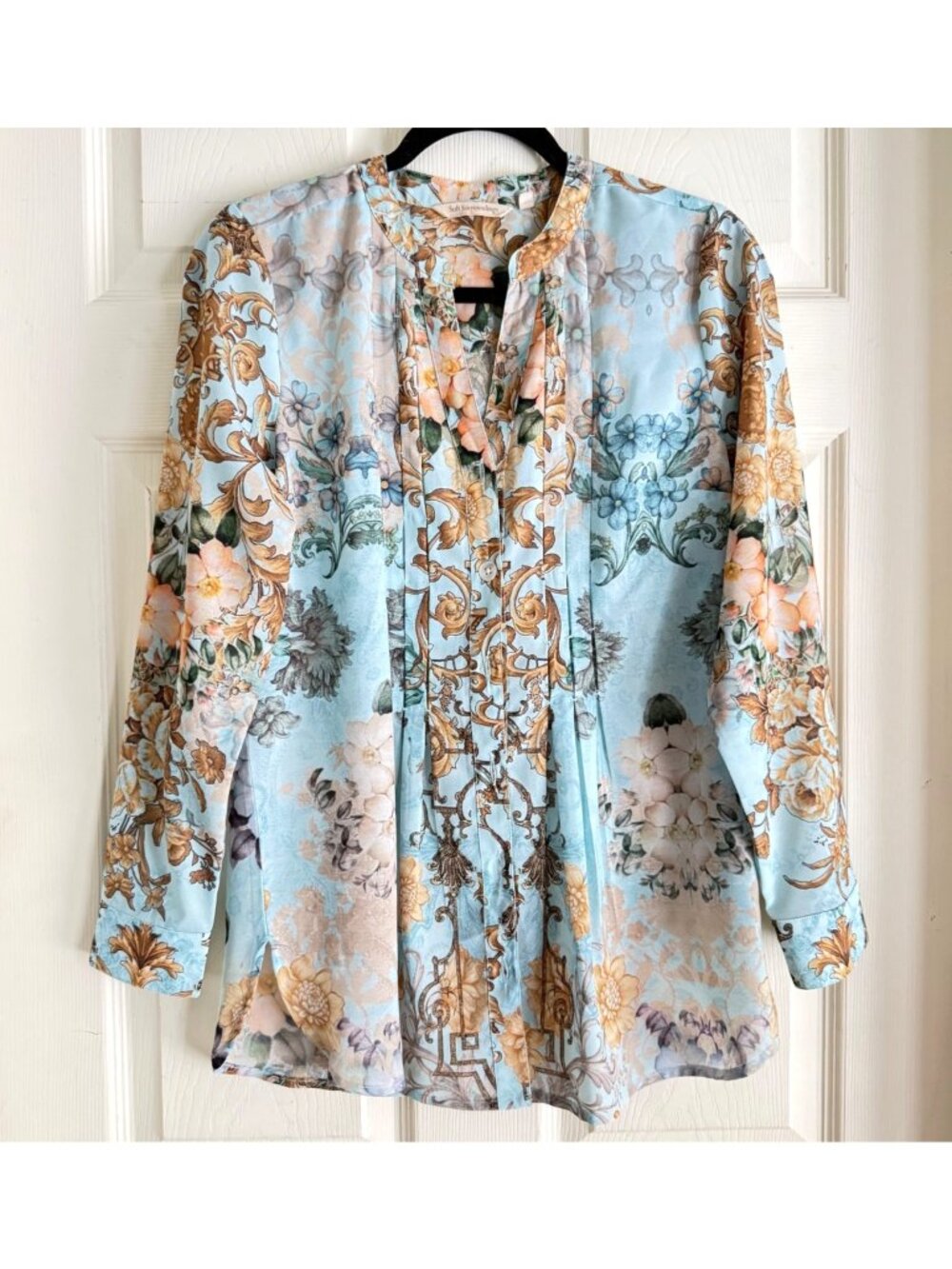 size S Soft Surroundings MISSING BUTTON! baroque top blouse floral box pleats  b